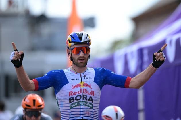 Red Bull-BORA-hansgrohe rider celebrates as he wins the first stage of the Tour De Wallonie cycling race, 180,7 km from Manage to Lobbes, on Monday 01 June 2026. DAVIDxPINTENS  x175643620x