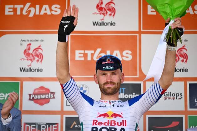 Tour de Wallonie 2026 Stage 1 LOBBES, BELGIUM - JUNE 01 : Meeus Jordi (BEL) of Red Bull BORA Hansgrohe pictured during the podium ceremony after winning during stage 1 of the 47th edition of Ethias Tour de Wallonie an UCI ProSeries 2.Pro cycling road race stage for Men Elite of 180.7 km with start in Manage and finish in Lobbes on June 1, 2026 in Lobbes, Belgium, 01 06 2026 ( Motordriver Pieter Van Herzele - Lobbes Belgium  Copyright: xVincentxKalutx