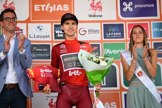 Tour de Wallonie 2026 Stage 1 LOBBES, BELGIUM - JUNE 01 : Florez Samuel (COL) of Modern Adventure Pro Cycling pictured during the podium ceremony in the red mountain jersey after stage 1 of the 47th edition of Ethias Tour de Wallonie an UCI ProSeries 2.Pro cycling road race stage for Men Elite of 180.7 km with start in Manage and finish in Lobbes on June 1, 2026 in Lobbes, Belgium, 01 06 2026 ( Motordriver Pieter Van Herzele - Lobbes Belgium  Copyright: xVincentxKalutx