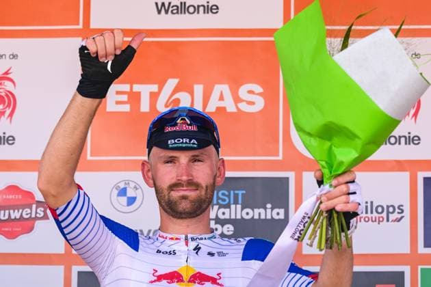 Belgian Jordi Meeus of Red Bull-BORA-hansgrohe pictured on the podium after the first stage of the Tour De Wallonie cycling race, 180,7 km from Manage to Lobbes, on Monday 01 June 2026. DAVIDxPINTENS  x175647538x