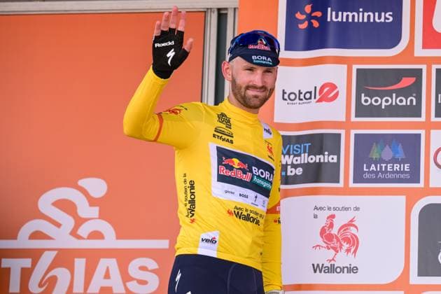 Belgian Jordi Meeus of Red Bull-BORA-hansgrohe pictured on the podium after the first stage of the Tour De Wallonie cycling race, 180,7 km from Manage to Lobbes, on Monday 01 June 2026. DAVIDxPINTENS  x175647552x