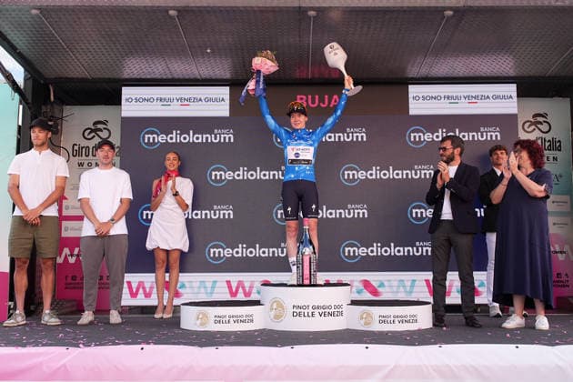 The blue jersey Netherlands™s Anna van der Breggen of Team SD Worx - Protime™s celebrate on the podium after the Stage 3 of the Giro d™Italia Women, from Bibione to Buja, Italy, Monday, June 1, 2026  Copyright: xMarcoxAlpozzi LaPressex