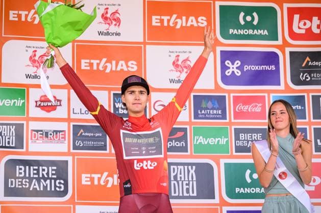 Colombian Samuel Florez of Modern Adventure Pro Cycling pictured on the podium after the first stage of the Tour De Wallonie cycling race, 180,7 km from Manage to Lobbes, on Monday 01 June 2026. DAVIDxPINTENS  x175648686x