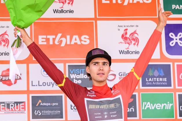 Colombian Samuel Florez of Modern Adventure Pro Cycling pictured on the podium after the first stage of the Tour De Wallonie cycling race, 180,7 km from Manage to Lobbes, on Monday 01 June 2026. DAVIDxPINTENS  x175648692x