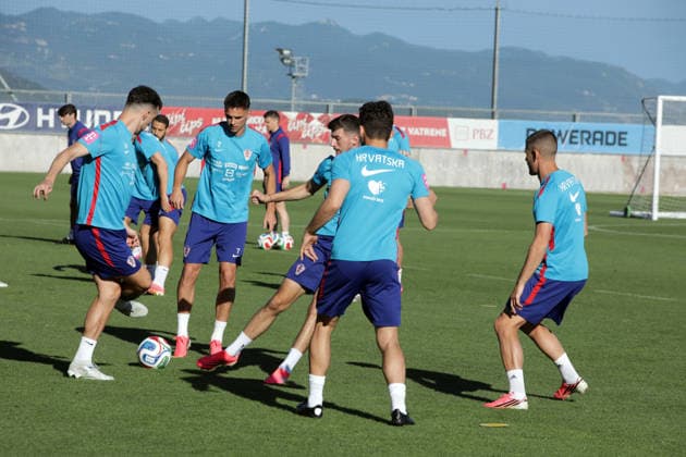 PXL_CRO training Nikola Moro, Petar Sucic of Croatian national football team during training before friendly match with Belgium at Rujevica stadium on 01. July 2026. in Rijeka, Croatia.  GoranxKovacic PIXSELL