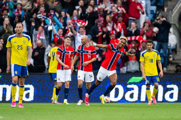 260601 Antonio Nusa of Norway celebrates after 2 0 during the international friendly football match between Norway and Sweden on June 1, 2026 in Oslo Photo Marius Simensen BILDBYRAN COP 238 JM0820 bbeng fotboll football soccer fotball träningslandskamp privatlandskamp landskamp international friendly norge norway sverige sweden sverige a jubel  Copyright: MARIUSxSIMENSEN BB260601BB758