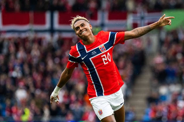 260601 Antonio Nusa of Norway celebrates after 2 0 during the international friendly football match between Norway and Sweden on June 1, 2026 in Oslo Photo Joel Marklund BILDBYRAN kod JM JM0820 bbeng fotboll football soccer fotball träningslandskamp privatlandskamp landskamp international friendly norge norway sverige sweden sverige a jubel  Copyright: JOELxMARKLUND BB260601JM053