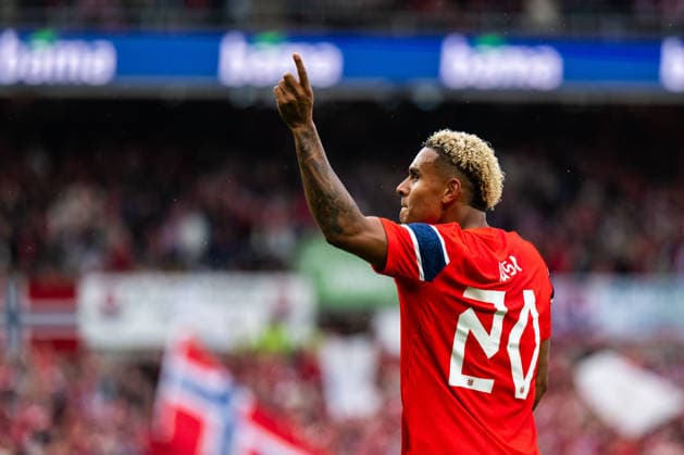 260601 Antonio Nusa of Norway celebrates after 2 0 during the international friendly football match between Norway and Sweden on June 1, 2026 in Oslo Photo Joel Marklund BILDBYRAN kod JM JM0820 bbeng fotboll football soccer fotball träningslandskamp privatlandskamp landskamp international friendly norge norway sverige sweden sverige a jubel  Copyright: JOELxMARKLUND BB260601JM057