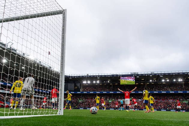 260601 Antonio Nusa of Norway celebrates after 2 0 during the international friendly football match between Norway and Sweden on June 1, 2026 in Oslo Photo Joel Marklund BILDBYRAN kod JM JM0820 bbeng fotboll football soccer fotball träningslandskamp privatlandskamp landskamp international friendly norge norway sverige sweden sverige a jubel  Copyright: JOELxMARKLUND BB260601JM094