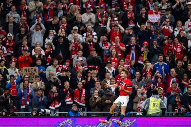 260601 David Moller Wolfe of Norway celebrate after 4 0 later disallowed during the international friendly football match between Norway and Sweden on June 1, 2026 in Oslo Photo Joel Marklund BILDBYRAN kod JM JM0820 bbeng fotboll football soccer fotball träningslandskamp privatlandskamp landskamp international friendly norge norway sverige sweden sverige a jubel  Copyright: JOELxMARKLUND BB260601JM107