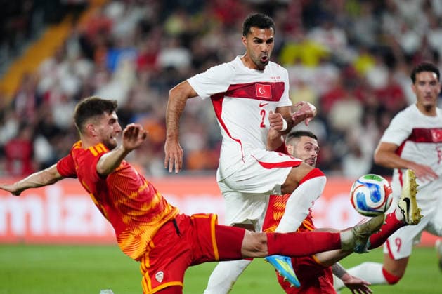 Turkiye v North Macedonia - Friendly match ISTANBUL, TURKIYE - JUNE 1: Zeki Celik (C) of Turkiye in action against Imran Fetai (L) of North Macedonia during the International Friendly, Länderspiel, Nationalmannschaft match between Turkiye and North Macedonia at Chobani Stadium, on June 1, 2026, in Istanbul, Turkiye. Hakan Akgun Anadolu Istanbul Turkey. Editorial use only. Please get in touch for any other usage.  Copyright: x2026xAnadoluxHakanxAkgunx