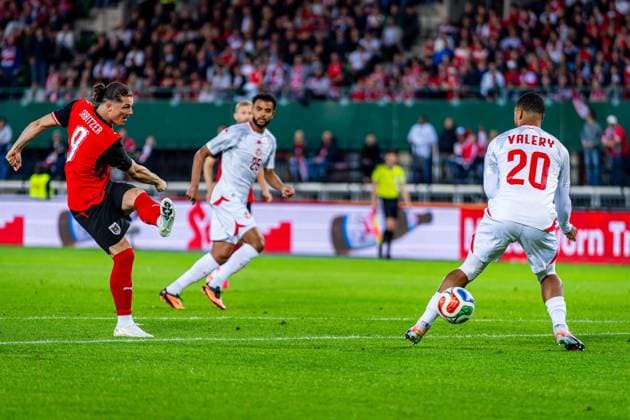 SOCCER - AUT vs TUN, test match VIENNA,AUSTRIA,01.JUN.26 - SOCCER - OEFB international test match, Austria vs Tunisia. Image shows Marcel Sabitzer (AUT) and Yann Valery (TUN).  GEPAxpictures xKevinxHackner