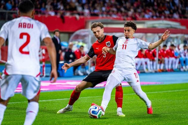 SOCCER - AUT vs TUN, test match VIENNA,AUSTRIA,01.JUN.26 - SOCCER - OEFB international test match, Austria vs Tunisia. Image shows Stefan Posch (AUT) and Ismael Gharbi (TUN).  GEPAxpictures xKevinxHackner