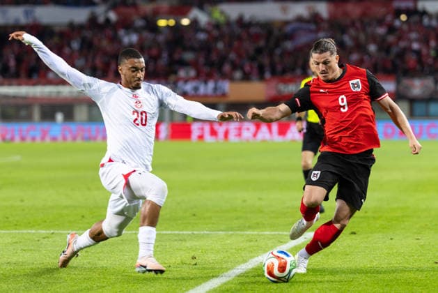 SOCCER - AUT vs TUN, test match VIENNA,AUSTRIA,01.JUN.26 - SOCCER - OEFB international test match, Austria vs Tunisia. Image shows Yann Valery (TUN) and Marcel Sabitzer (AUT).  GEPAxpictures xArminxRauthner
