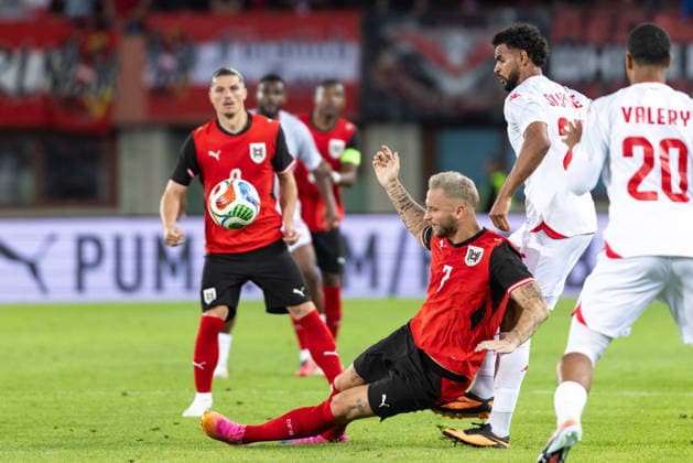 SOCCER - AUT vs TUN, test match VIENNA,AUSTRIA,01.JUN.26 - SOCCER - OEFB international test match, Austria vs Tunisia. Image shows Marko Arnautovic (AUT) and Anis Ben Slimane (TUN).  GEPAxpictures xArminxRauthner