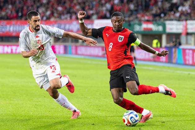 SOCCER - AUT vs TUN, test match VIENNA,AUSTRIA,01.JUN.26 - SOCCER - OEFB international test match, Austria vs Tunisia. Image shows Rani Khedira (TUN) and David Alaba (AUT).  GEPAxpictures xArminxRauthner
