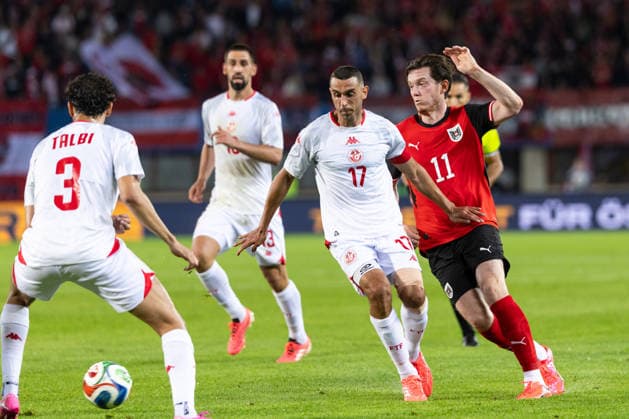 SOCCER - AUT vs TUN, test match VIENNA,AUSTRIA,01.JUN.26 - SOCCER - OEFB international test match, Austria vs Tunisia. Image shows Ellyes Skhiri (TUN) and Michael Gregoritsch (AUT).  GEPAxpictures xArminxRauthner