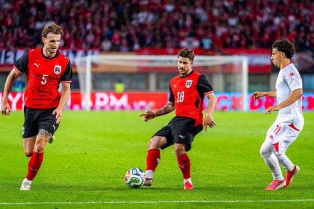 SOCCER - AUT vs TUN, test match VIENNA,AUSTRIA,01.JUN.26 - SOCCER - OEFB international test match, Austria vs Tunisia. Image shows Stefan Posch, Romano Schmid (AUT) and Ismael Gharbi (TUN).  GEPAxpictures xKevinxHackner