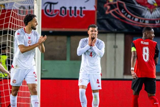 SOCCER - AUT vs TUN, test match VIENNA,AUSTRIA,01.JUN.26 - SOCCER - OEFB international test match, Austria vs Tunisia. Image shows the disappointment of Montassar Talibi and Omar Rekik (TUN) as well as David Alaba (AUT).  GEPAxpictures xKevinxHackner