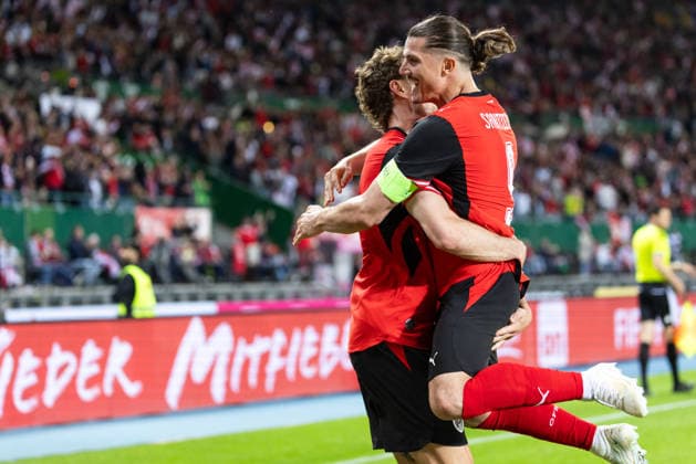 SOCCER - AUT vs TUN, test match VIENNA,AUSTRIA,01.JUN.26 - SOCCER - OEFB international test match, Austria vs Tunisia. Image shows the rejoicing of Stefan Posch and Marcel Sabitzer (AUT).  GEPAxpictures xArminxRauthner