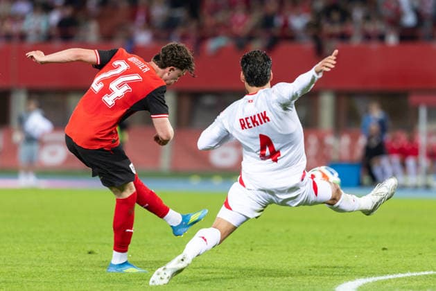 SOCCER - AUT vs TUN, test match VIENNA,AUSTRIA,01.JUN.26 - SOCCER - OEFB international test match, Austria vs Tunisia. Image shows Paul Wanner (AUT) and Omar Rekik (TUN).  GEPAxpictures xArminxRauthner