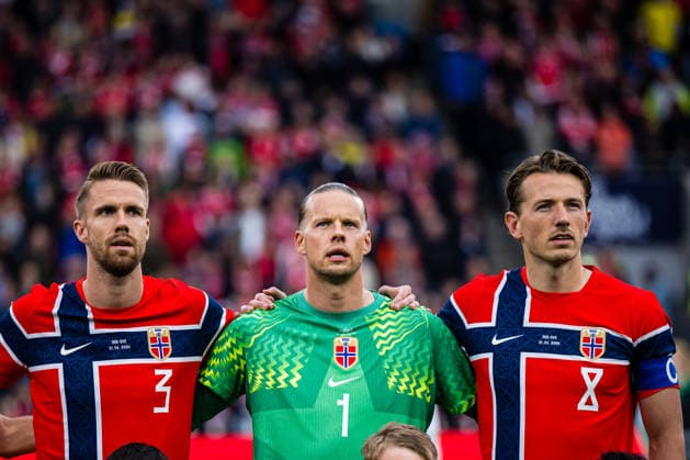 260601 Kristoffer Ajer, goalkeeper orjan Nyland and Sander Berge of Norway ahead of the international friendly football match between Norway and Sweden on June 1, 2026 in Oslo Photo Marius Simensen BILDBYRAN COP 238 JM0820 bbeng football fotball fotboll international friendly landskamp norge norway privatlandskamp soccer sverige sverige a sweden träningslandskamp  Copyright: MARIUSxSIMENSEN BB260601ZB007