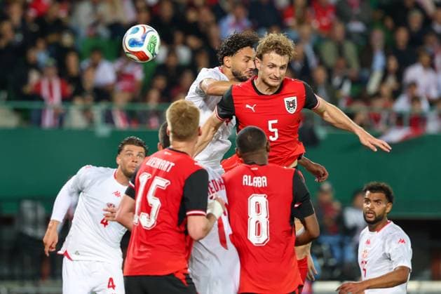 01. JUNE. 2026 – SOCCER – International Friendly, Länderspiel, Nationalmannschaft (MEN), Austria vs Tunisia Stefan Posch (Austria) in aerial duel VIENNA VIENNA, AUSTRIA – Ernst-Happel-Stadion Ernst-Happel-Stadion AUSTRIA