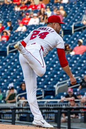 Washington Nationals pitcher Cade Cavalli (24) pitches in the top of the first inning during a game against the Miami Marlins at Nationals Park in Washington, DC on Monday, June 1, 2026.  WAP20260601399 BONNIExCASH