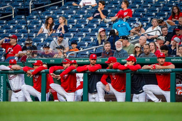 Members of the Washington Nationals watch a game against the Miami Marlins from the dugout at Nationals Park in Washington, DC on Monday, June 1, 2026.  WAP20260601401 BONNIExCASH
