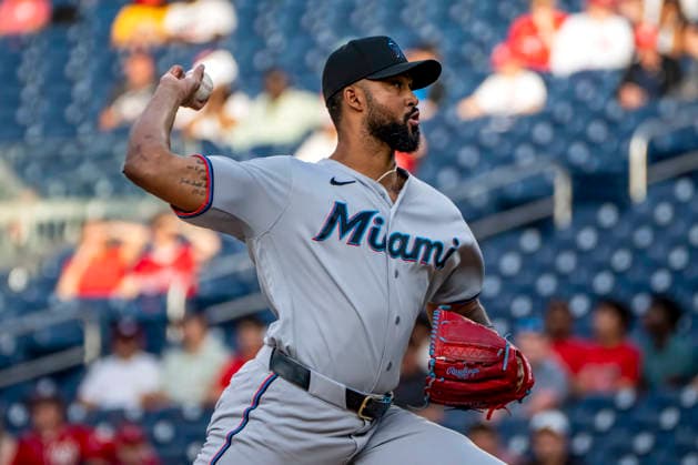 Miami Marlins pitcher Sandy Alcantara (22) pitches in the bottom of the first inning during a game against the Washington Nationals at Nationals Park in Washington, DC on Monday, June 1, 2026.  WAP20260601403 BONNIExCASH