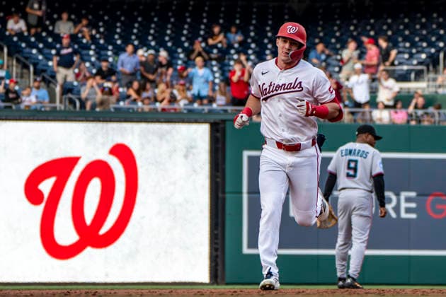 Washington Nationals center fielder Jacob Young (30) runs the bases after hitting a home run in the bottom of the second inning during a game against the Miami Marlins at Nationals Park in Washington, DC on Monday, June 1, 2026.  WAP20260601407 BONNIExCASH