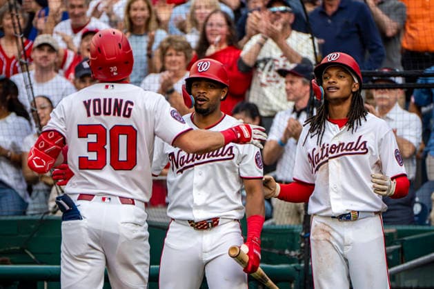Washington Nationals center fielder Jacob Young (30) celebrates with Washington Nationals designated hitter Jose Tena (8) and Washington Nationals short stop CJ Abrams (5) after hitting a home run in the bottom of the second inning during a game against the Miami Marlins at Nationals Park in Washington, DC on Monday, June 1, 2026.  WAP20260601408 BONNIExCASH