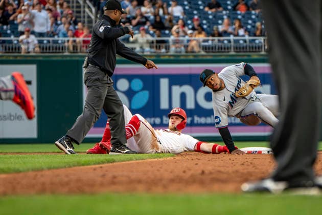 Washington Nationals third baseman Curtis Mead (45) is called out at second base in the bottom of the third inning during a game against the Miami Marlins at Nationals Park in Washington, DC on Monday, June 1, 2026.  WAP20260601411 BONNIExCASH