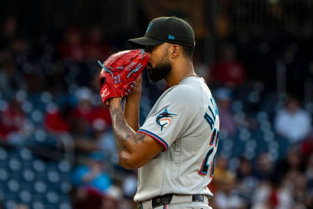Miami Marlins pitcher Sandy Alcantara (22) prepares to pitch in the bottom of the fourth inning during a game against the Washington Nationals at Nationals Park in Washington, DC on Monday, June 1, 2026.  WAP20260601412 BONNIExCASH