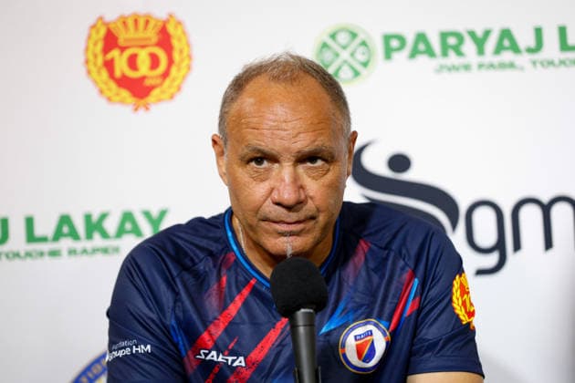 June 1, 2026, Fort Lauderdale, Florida, USA: The head coach for the Haiti menÃ¢â‚¬â ¢s national soccer team, Sebastien Migne, speaks to the media prior to a training session before a pre 2026 FIFA World Cup, WM, Weltmeisterschaft, Fussball friendly game against New Zealand. Fort Lauderdale USA - ZUMAa257 20260601_zsp_a257_019 Copyright: xChrisxArjoonx