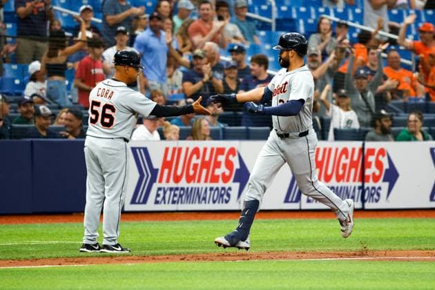 June 1, 2026, St. Petersburg, Florida, USA: Detroit Tigers designated hitter Riley Greene (31) receives a high-five from third base coach Joey Cora (56), after he hits a solo homer off of Tampa Bay Rays pitcher Griffin Jax (22) during the third inning at Tropicana Field on Monday, June 1, 2026, in St. Petersburg. Florida News - June 1, 2026  - ZUMAs70_ 20260601_zan_s70_037 Copyright: xJeffereexWoox