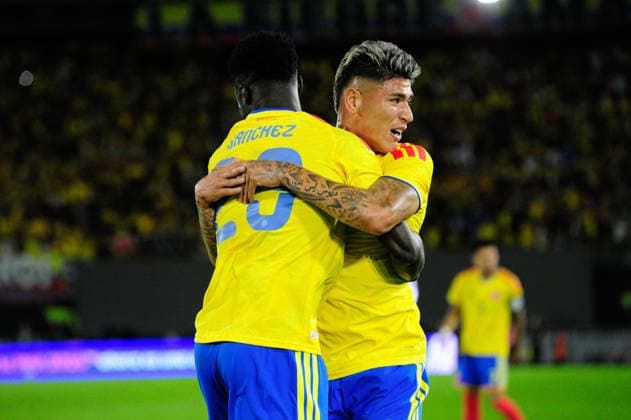 June 1, 2026, Bogota, Bogota D.C, Colombia: Colombia s Jorge Carracal hughs Davinson Sanchez after scroing a goal during the last friendly match between Colombia and Costa Rica in Bogota s El Campin Stadium, Colombia on June 1, 2026. Colombia V Costa Rica - Friendly Match Before FIFA World Cup, WM, Weltmeisterschaft, Fussball 2026  - ZUMAvp1_ 20260601_zia_vp1_011 Copyright: xSebastianxBarrosx