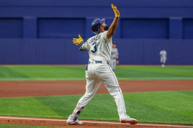 June 1, 2026, St. Petersburg, Florida, USA: Tampa Bay Rays third baseman Junior Caminero (13) celebrates, after he hits a two-run homer off of Detroit Tigers pitcher Ty Madden (36) during the fourth inning at Tropicana Field on Monday, June 1, 2026, in St. Petersburg. Florida News - June 1, 2026  - ZUMAs70_ 20260601_zan_s70_052 Copyright: xJeffereexWoox