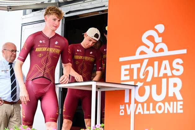 Tour de Wallonie 2026 Stage 2 LIBRAMONT-CHEVIGNY, BELGIUM - JUNE 02 : Team Modern Adventure Pro Cycling on the podium before the start of race during stage 2 of the 47th edition of Ethias Tour de Wallonie an UCI ProSeries 2.Pro cycling road race stage for Men Elite of 192.1 km with start in Jodoigne and finish in Libramont-Chevigny on June 2, 2026 in Libramont-Chevigny, Belgium, 02 06 2026 ( Motordriver Pieter Van Herzele - Libramont-Chevigny Belgium  Copyright: xVincentxKalutx