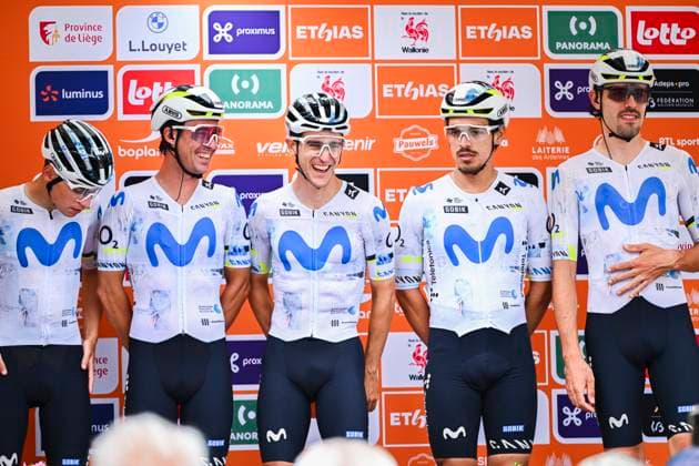 Tour de Wallonie 2026 Stage 2 LIBRAMONT-CHEVIGNY, BELGIUM - JUNE 02 : Team Movistar on the podium before the start of race during stage 2 of the 47th edition of Ethias Tour de Wallonie an UCI ProSeries 2.Pro cycling road race stage for Men Elite of 192.1 km with start in Jodoigne and finish in Libramont-Chevigny on June 2, 2026 in Libramont-Chevigny, Belgium, 02 06 2026 ( Motordriver Pieter Van Herzele - Libramont-Chevigny Belgium  Copyright: xVincentxKalutx