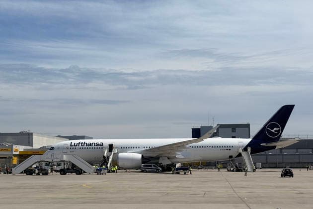Lufthansas A350 900 Wuppertal is ready for the national team to board Frankfurt 02 06 2026 Departure of the German national team for the World Cup in the USA