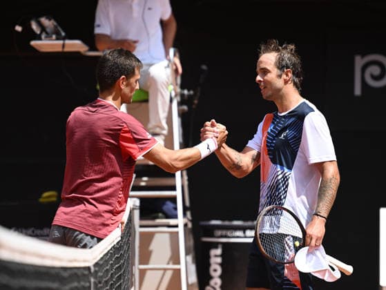 Vit Kopriva from Czechia, left, and Andrej Martin from Slovakia, right, handshake after their match during the men s tennis challenger UniCredit Czech Open, in Prostejov, Czech Republic, on June 2, 2026. (CTKxPhoto LudekxPerina) CTKPhotoP2026060204482  CTKPhotoP2026060204482