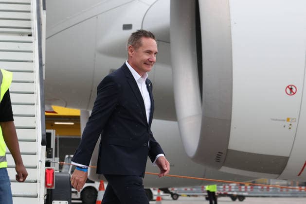 FRANKFURT AM MAIN, GERMANY 02 June 2026 The German mens national team at the official departure to North America at Frankfurt Airport before the start of the 2026 FIFA World Cup The German Football Association DFB and Lufthansa bid farewell to the team on its way to the worlds biggest soccer tournament f l , Jens Ritter CEO Lufthansa Airlines Copyright: JoaquimxFerreira