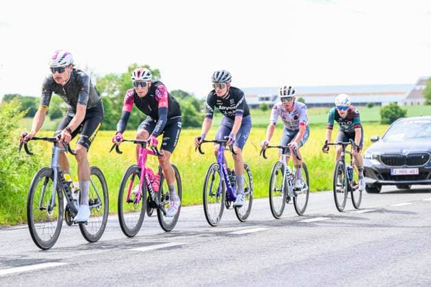 Tour de Wallonie 2026 Stage 2 LIBRAMONT-CHEVIGNY, BELGIUM - JUNE 02 : Illustration picture of the escape pack during stage 2 of the 47th edition of Ethias Tour de Wallonie an UCI ProSeries 2.Pro cycling road race stage for Men Elite of 192.1 km with start in Jodoigne and finish in Libramont-Chevigny on June 2, 2026 in Libramont-Chevigny, Belgium, 02 06 2026 ( Motordriver Pieter Van Herzele - Libramont-Chevigny Belgium  Copyright: xVincentxKalutx