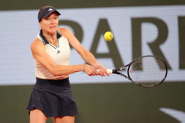 RECORD DATE NOT STATED 2nd June 2026; Roland Garros, Paris, France; 2026 French Open Tennis, Day 15; Elina Svitolina (UKR) plays a backhand to Marta Kostyuk (UKR) JonxBromley