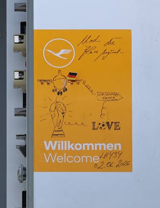 02 06 2026, Football DFB national team, Departure of the German national football team from Frankfurt Airport with Lufthansa plane LH 434 to the 2026 World Cup in the USA to Chicago, v l , Welcome sign with the inscription The journey begins on the plane DFL DFB REGULATIONS PROHIBIT ANY USE OF PHOTOGRAPHS AS IMAGE SEQUENCES AND OR QUASI VIDEO xdcx Copyright: HMBxMedia Claus