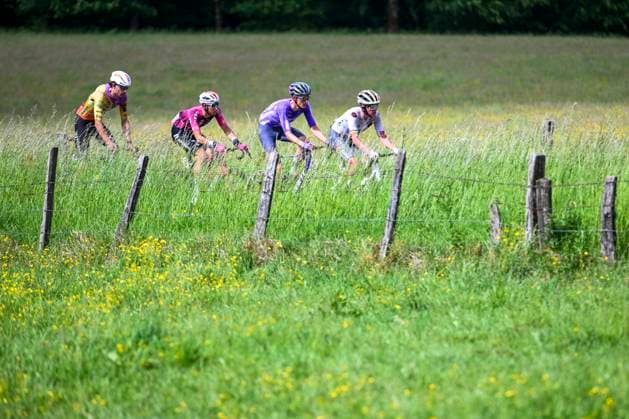 Tour de Wallonie 2026 Stage 2 LIBRAMONT-CHEVIGNY, BELGIUM - JUNE 02 : Hellemose Asbjorn (DEN) of Team Jayco AlUla, Melotte Matteo (BEL) of Color Code - Alu Center, Rommelaere Iben (BEL) of Tarteletto - Isorex, Avoine Kevin (FRA) of Van Rysel Roubaix in the escape pack during stage 2 of the 47th edition of Ethias Tour de Wallonie an UCI ProSeries 2.Pro cycling road race stage for Men Elite of 192.1 km with start in Jodoigne and finish in Libramont-Chevigny on June 2, 2026 in Libramont-Chevigny, Belgium, 02 06 2026 ( Motordriver Pieter Van Herzele - Libramont-Chevigny Belgium  Copyright: xVincentxKalutx