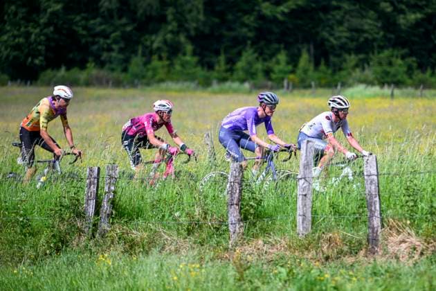 Tour de Wallonie 2026 Stage 2 LIBRAMONT-CHEVIGNY, BELGIUM - JUNE 02 : Hellemose Asbjorn (DEN) of Team Jayco AlUla, Melotte Matteo (BEL) of Color Code - Alu Center, Rommelaere Iben (BEL) of Tarteletto - Isorex, Avoine Kevin (FRA) of Van Rysel Roubaix in the escape pack during stage 2 of the 47th edition of Ethias Tour de Wallonie an UCI ProSeries 2.Pro cycling road race stage for Men Elite of 192.1 km with start in Jodoigne and finish in Libramont-Chevigny on June 2, 2026 in Libramont-Chevigny, Belgium, 02 06 2026 ( Motordriver Pieter Van Herzele - Libramont-Chevigny Belgium  Copyright: xVincentxKalutx
