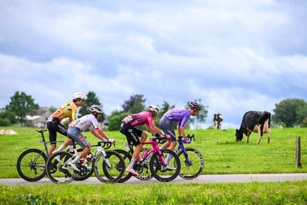 Tour de Wallonie 2026 Stage 2 LIBRAMONT-CHEVIGNY, BELGIUM - JUNE 02 : Hellemose Asbjorn (DEN) of Team Jayco AlUla, Melotte Matteo (BEL) of Color Code - Alu Center, Rommelaere Iben (BEL) of Tarteletto - Isorex, Avoine Kevin (FRA) of Van Rysel Roubaix in the escape pack during stage 2 of the 47th edition of Ethias Tour de Wallonie an UCI ProSeries 2.Pro cycling road race stage for Men Elite of 192.1 km with start in Jodoigne and finish in Libramont-Chevigny on June 2, 2026 in Libramont-Chevigny, Belgium, 02 06 2026 ( Motordriver Pieter Van Herzele - Libramont-Chevigny Belgium  Copyright: xVincentxKalutx