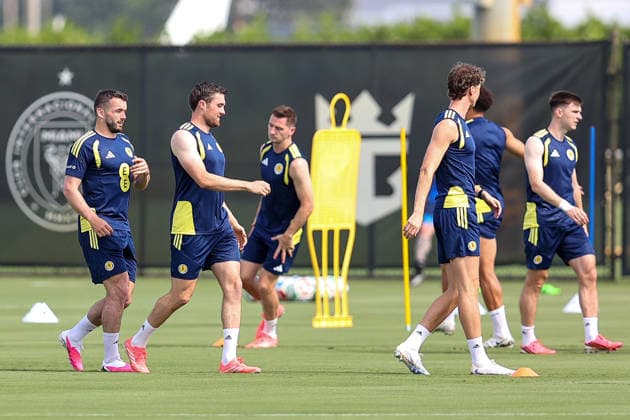 Scotland players during a training session Scotland Training and press conference, PK, Pressekonferenz 2026 FIFA World Cup, WM, Weltmeisterschaft, Fussball Football, Florida Blue Training Centre, Florida, USA - 02 Jun 2026Florida Florida Blue Training Centre United States of America EDITORIAL USE ONLY No use with unauthorised audio, video, data, fixture lists, club league logos or live services. Online in-match use limited to 120 images, no video emulation. No use in betting, games or single club league player publications.  Copyright: xChrisxArjoon Shutterstockx 16906919w